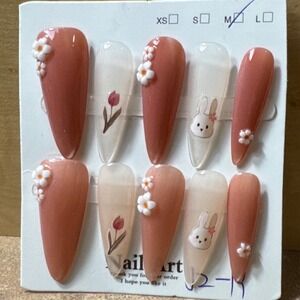 Press On Nails Medium Stiletto 3D Flower Bunny Tulip Pink White 10pc